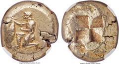 Ancients MYSIA. Cyzicus. Ca. 500-450 BC. EL stater (19mm, 16.16 gm). NGC Choice XF 4/5 - 5/5. Nude youth kneeling left, holding in his right hand a tunny fish by the tail / Quadripartite incuse square