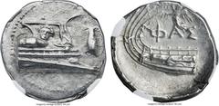Ancients LYCIA. Phaselis. Ca. 4th century BC. AR stater (23mm, 10.29 gm, 10h). NGC MS 4/5 - 4/5. Prow of galley right, gunwale decorated with gorgoneion, cicada to right / Nike flying left over ΦAΣ ab