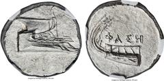 Ancients LYCIA. Phaselis. Ca. 4th century BC. AR stater (23mm, 10.32 gm, 2h). NGC MS 5/5 - 4/5. Prow of galley right with fighting platform, gunwale decorated with eye / ΦAΣH above galley stern to lef