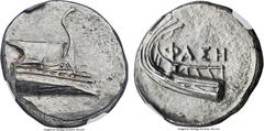Ancients LYCIA. Phaselis. Ca. 4th century BC. AR stater (23mm, 10.34 gm, 6h). NGC MS 5/5 - 4/5. Prow of galley right with fighting platform, gunwale decorated with eye / ΦAΣH above galley stern to lef