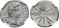 Ancients Augustus (27 BC-AD 14). AR denarius (19mm, 3.76 gm, 6h). NGC Choice XF 5/5 - 4/5, edge cut. Spain, Caesaraugusta (?), 19-18 BC. CAESAR AVGVSTVS, head of Augustus right wearing oak wreath / DI