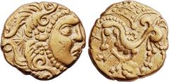 Ancients NORTHEAST GAUL. The Parisii. Ca. 100-50 BC. AV stater (20mm, 7.24 gm, 12h). Choice XF. Class I. Celticized head of Apollo to right, with wavy hair and a floral ornament before / Disjointed an