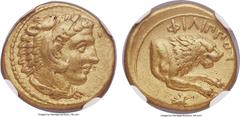 Ancients MACEDONIAN KINGDOM. Philip II (359-336 BC). AV half-stater (14mm, 4.28 gm, 12h). NGC AU 5/5 - 4/5. Amphipolis, ca. 340-328 BC. Head of young Heracles right, wearing lion skin headdress / ΦΙΛΙ