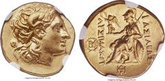 Ancients THRACIAN KINGDOM. Lysimachus (305-281 BC). AV stater (19mm, 8.56 gm, 4h). NGC Choice MS 5/5 - 5/5. Lifetime issue of Magnesia (?), ca. 297-281 BC. Diademed head of the deified Alexander the G