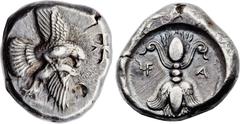Ancients ELIS. Olympia. Ca. 450-440 BC. AR stater (25mm, 12.45 gm, 11h). Choice XF, countermarks.  Eagle flying right, wings spread above and below body, grasping hare in its talons and tearing at pre