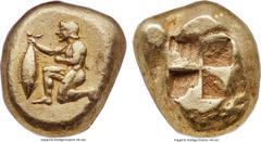 Ancients MYSIA. Cyzicus. Ca. 500-450 BC. EL stater (19mm, 15.97 gm). NGC Choice XF 5/5 - 5/5. Nude youth kneeling left, holding in his right hand a tunny fish by the tail / Quadripartite incuse square
