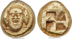 Ancients MYSIA. Cyzicus. Ca. 500-450 BC. EL stater (17mm, 15.96 gm). NGC Choice XF 4/5 - 4/5. Facing head of Silenus, with heavy beard and horse's ears, between two upward-facing tunny fish / Quadripa