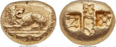 Ancients IONIA. Miletus. Ca. 600-530 BC. EL stater (19mm, 13.97 gm). NGC AU 4/5 - 3/5, light smoothing. Lydo-Milesian standard. Male lion recumbent to left, head reverted, mouth open, within rectangul