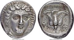Ancients CARIAN ISLANDS. Rhodes. Ca. 404-385 BC. AR tetradrachm (23mm, 15.23 gm, 12h). NGC AU★ 5/5 - 5/5, Fine Style. Head of Helios facing slightly right, hair arrayed in radiating waves / POΔION, Ro