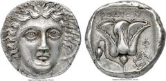 Ancients CARIAN ISLANDS. Rhodes. Ca. 404-385 BC. AR tetradrachm (23mm, 15.27 gm, 12h). NGC AU★ 5/5 - 5/5, Fine Style. Head of Helios, hair in radiating waves, looking slightly to right  / POΔION, rose