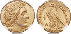 Ancients PTOLEMAIC EGYPT. Ptolemy II Philadelphus (285/4-246 BC). AV trichryson or pentadrachm (23mm, 17.79 gm, 12h). NGC Choice MS 5/5 - 4/5. Alexandria, ca. 285-270 BC. Diademed head of Ptolemy I ri