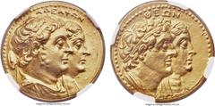 Ancients PTOLEMAIC EGYPT. Ptolemy II Philadelphus, with Arsinoe II, Ptolemy I, and Berenice I (285-246 BC). AV mnaieion or octodrachm (26mm, 27.80 gm, 1h). NGC Choice AU★ 5/5 - 4/5.  Alexandria, ca. 2