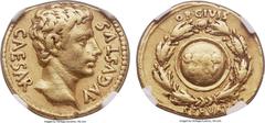 Ancients Augustus (27 BC-AD 14). AV aureus (19mm, 7.49 gm, 6h). NGC VF 5/5 - 3/5. Spain (Colonia Patricia?), ca. 19 BC. CAESAR AVGVSTVS, bare head of Augustus right / Shield inscribed S·P·Q·R over CL·
