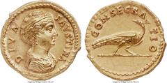 Ancients Diva Faustina Senior (died AD 141). AV aureus (20mm, 7.37 gm, 5h). NGC MS 5/5 - 5/5. Rome, AD 146-161. DIVA FAVSTINA, draped bust of Faustina right, hair coiled on top of head /CONSECRA-TIO, 