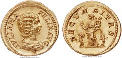 Ancients Julia Domna (Augusta, AD 193-217). AV aureus (21mm, 7.25 gm, 12h). NGC Choice MS 5/5 - 5/5. Rome, under Caracalla, AD 211-217. IVLIA PIA FELIX AVG, draped bust of Domna right, wearing helmet-