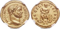 Ancients Maximian, first reign (AD 286-305). AV aureus (18mm, 5.03 gm, 6h). NGC Choice AU 5/5 - 3/5. Trier, AD 293-294. MAXIMI-ANVS P F AVG, laureate head of Maximian right / HERCVLI VICTORI, Hercules
