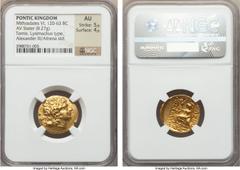Ancients PONTIC KINGDOM. Time of Mithradates VI (120-63 BC). AV stater (8.27 gm). NGC AU 5/5 - 4/5. In name and types of Lysimachus of Thrace, Tomis, 88-86 BC. Head of the deified Alexander the Great 