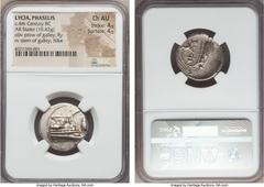 Ancients LYCIA. Phaselis. Ca. 4th century BC. AR stater (10.42 gm). NGC Choice AU 4/5 - 4/5. Prow of galley right, gunwale decorated with gorgoneion, cicada to right / Nike flying left over ΦAΣ above 