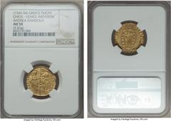 Greece Chios. Andrea Dandolo gold Ducat ND (1343-54) AU58 NGC, Fr-2a. Listed as a Zecchino in Friedberg. Design is copied from a Venetian Zecchino, with the Doge kneeling before St. Mark. Outstanding 