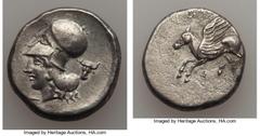 Ancients Greek CORINTHIA. Corinth. Ca. 400-375 BC. AR stater (7.98 gm). Choice VF. Pegasus flying left, Ϙ below / Helmeted head of Athena left; facing head of bull to right. Pegasi 209. BCD Corinth 59