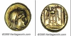 Ancient Greek, Lesbos. Mytilene. Ca. 4th century BC electrum hecte (1/6 stater), Veiled head of Demeter right/Tripod framed by linear square, within incuse square, Bodenstedt-91, Sear-4253, 2.54 gms, 