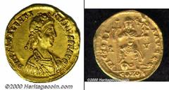 Roman Imperatorial, Valentinian III 425-455 AD gold solidus, Ravenna mint, Diademed bust right/Emperor stg., facing, with long cross and Victory on Globe, his foot on the head of a human-headed serpen