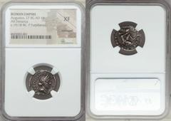 Ancients Roman Republic Augustus (27 BC-AD 14). AR denarius. NGC XF, damaged. Rome, P. Petronius Turpilianus, moneyer, 19/8 BC. TVRPILIANVS-III VIR • FE-RON, draped bust of Feronia right, wearing neck