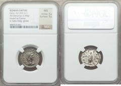 Ancients Roman Imperial Geta, as Caesar (AD 198-209). AR denarius (3.40 gm). NGC MS 5/5 - 5/5. Rome, early AD 209. P SEPTIMIVS GETA CAES, bareheaded, draped bust of Geta right, seen from behind / PONT