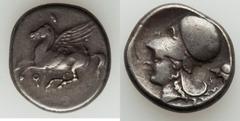 Ancients Greek CORINTHIA. Corinth. Ca. 375-300 BC. AR stater (8.56 gm). VF. Pegasus flying left; Ϙ below / Head of Athena left, wearing Corinthian helmet; Thessalian helmet behind. Calciati 402. BCD C