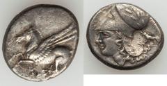 Ancients Greek CORINTHIA. Corinth. Ca. 400-375 BC. AR stater (7.89 gm). VF. Pegasus flying left, Ϙ below / Head of Athena left in Corinthian helmet with laurel on bowl; A-P across fields, boar standin