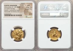 Ancients Greek PONTIC KINGDOM. Time of Mithradates VI (120-63 BC). AV stater (8.23 gm). NGC AU 5/5 - 3/5.  Mithradatic War issue. In name and types of Lysimachus of Thrace, Callatis, ca. 88-86 BC. Hea