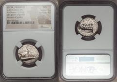 Ancients Greek LYCIA. Phaselis. Ca. 4th century BC. AR stater (10.34 gm). NGC MS 5/5 - 4/5. Prow of galley right with fighting platform, gunwale decorated with eye / ΦAΣH above galley stern to left. H