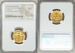 Ancients Byzantine Heraclius (AD 610-641), with Heraclius Constantine and Heraclonas as Caesar. AV solidus. NGC AU. Constantinople, 9th officina, ca. AD 632-635. Heraclius, wearing long beard and mous