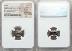 Ancients Greek LYDIA. Time of Croesus (ca. 561-546 BC). AR half stater or siglos (5.29 gm). NGC Choice Fine 5/5 - 3/5, countermark. Confronted foreparts of lion right and bull left / Two incuse punche