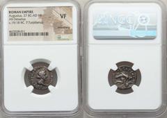 Ancients Roman Imperial Augustus (27 BC-AD 14). AR denarius. NGC VF, smoothing. Rome, P. Petronius Turpilianus, moneyer, 19/8 BC. TVRPILIANVS-III VIR • / FE-RON, draped bust of Feronia right, wearing 