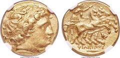Ancients MACEDONIAN KINGDOM. Philip II (359-336 BC). AV stater (18mm, 8.55 gm, 11h). NGC XF 5/5 - 3/5. Posthumous issue of Magnesia ad Maeandrum, under Philip III, ca. 323-316 BC. Laureate head of Apo