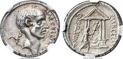 Ancients P. Cornelius Lentulus Marcellinus (50 BC). AR denarius (18mm, 3.65 gm, 2h) NGC Choice XF★ 5/5 - 5/5. Rome. MARCELLINVS, bare head of the consul M. Claudius Marcellus right; triskeles behind /
