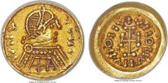 Ancients POST-ROMAN ITALY. Lombards (Pseudo-Imperial Period). Time of Perctarit, Second Reign (AD 672-688). AV tremissis (12mm, 2h). ANACS AU55. No mint (likely Lucca). IVIIV-VOIII (degenerate with pa