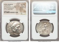 Ancients LYCIA. Phaselis. Ca. 218-185 BC. AR tetradrachm (16.88 gm). NGC Choice AU 5/5 - 4/5. Name and types of Alexander III the Great of Macedon, dated CY 15 (204/3 BC). Head of Heracles right, wear