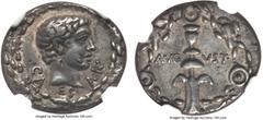 Ancients Augustus (27 BC-AD 14), for Gaius Caesar (died AD 4). AR denarius (3.58 gm). NGC Choice VF 4/5 - 3/5, banker's mark Uncertain Eastern mint, ca. 17 BC. CAESAR, bare youthful head (of Gaius Cae