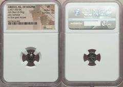 Ancients Greek SARONIC ISLANDS. Aegina. Ca. 457-350 BC. AR obol (0.99 gm). NGC VF 4/5 - 3/5. Sea turtle with thin collar and row of dots down shell, seen from above / Large skew incuse pattern of five