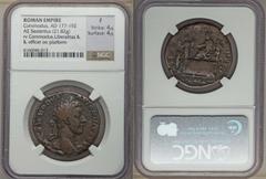 Ancients Roman Imperial Commodus (AD 177-192). AE sestertius (21.82 gm). NGC Fine 4/5 - 4/5. Rome, AD 181. M COMMODVS-ANTONINVS AVG, laureate bust of Commodus right / TR P VI IMP IIII COS III P P, Com