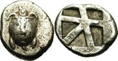 Aigina. Ca. 480-431 B.C. AR stater (19 mm, 12.29 g). Sea-turtle with T-back carapace / Skew pattern with five incuse areas. SNG Delepierre 1758-73. Toned VF, well centered.