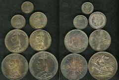 Victoria jubilee head silver mint set, 1887. A matched, old-time set grading AU-Unc on average, the lesser coins Uncirculated. Nicest feature is vivid deep blue and gold toning. Consists of crown, dou