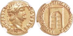 Ancients Nero (AD 54-68). AV aureus (18mm, 7.33 gm, 8h). NGC VF 5/5 - 4/5. Rome, AD 64-65. NERO CAESAR-AVGVSTVS, laureate head of Nero right / IANVM CLVSIT PACE P R TERRA MARIQ PARTA, façade of the Te