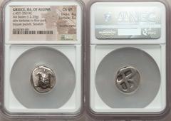 Ancients Greek SARONIC ISLANDS. Aegina. Ca. 457-350 BC. AR stater (12.29 gm). NGC Choice VF 4/5 - 3/5, countermarks, scratch. Ca. 445/4-430 BC. Land tortoise with segmented shell, seen from above / Fi