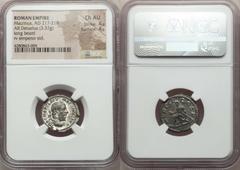 Ancients Roman Imperial Macrinus (AD 217-218). AR denarius (3.37 gm). NGC Choice AU 4/5 - 4/5. Rome, Decemeber AD 217. IMP C M OPEL SEV-MACRINVS AVG, laureate, draped and cuirassed bust of Macrinus ri