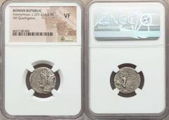 Ancients Roman Republic Anonymous. Ca. 225-214/2 BC. AR quadrigatus or didrachm. NGC VF. Rome. Laureate head of Janus with sideburns, tops of anuli visible in hair above, dotted border / Jupiter stand