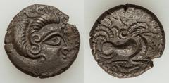 Ancients Celtic NORTHERN GAUL. Coriosolites. Ca. 100-50 BC. BI stater (6.26 gm). About VF. Celticized male head right, with hair in spiral curls / Celtic-style pony right; boar, right, below. DT 2341.