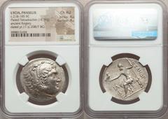 Ancients Greek LYCIA. Phaselis. Ca. 218-185 BC. AR/AE fourrée tetradrachm (33mm, 14.59 gm, 11h). NGC Choice AU 4/5 - 4/5.  Ancient forgery, imitating issue in the name and types of Alexander III the G
